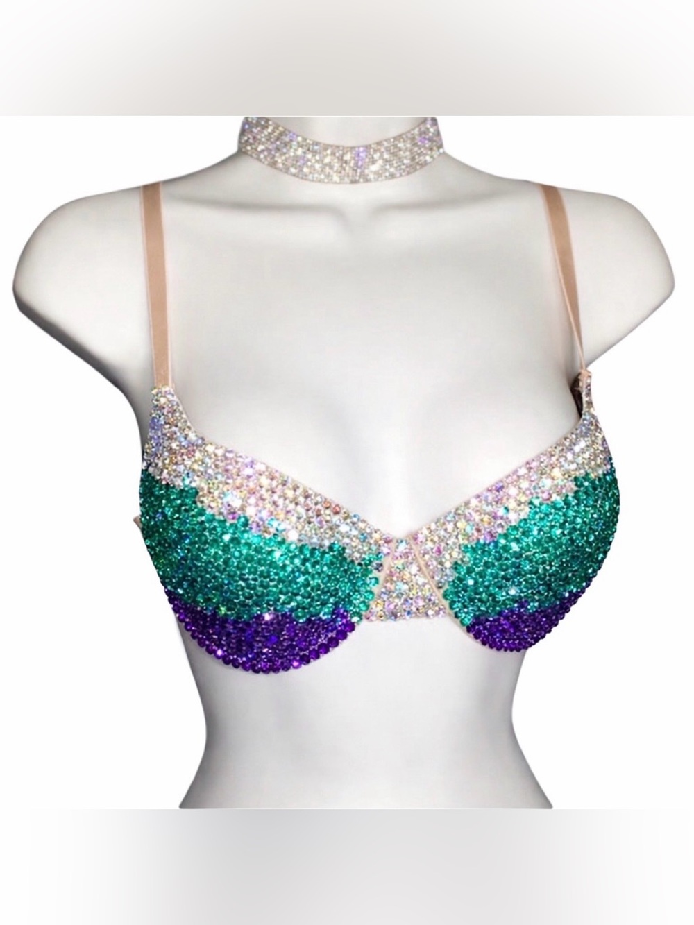 32A Mermaid Ombré Design Rhinestone Glam Bling Bra Top
